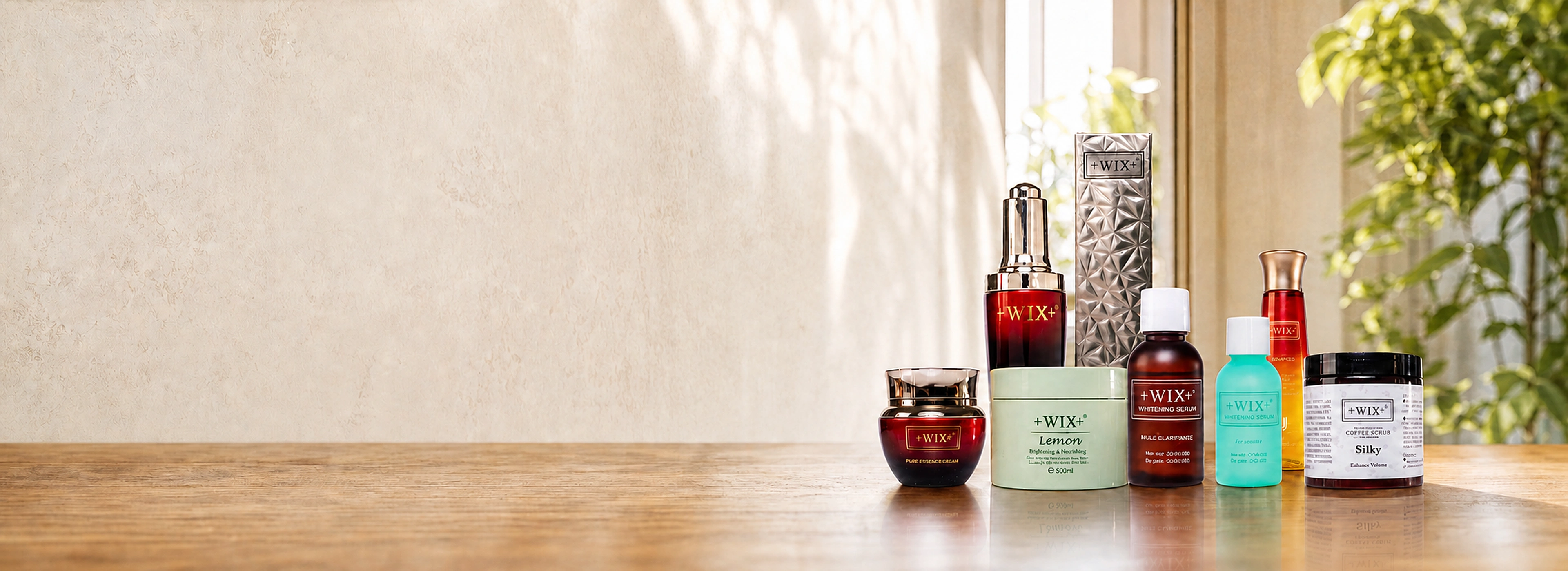 +Wix+ skincare formulations arranged on a sunlit table